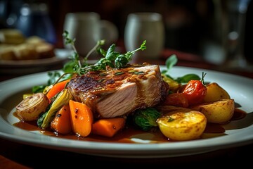 Sumptuous Irish Sunday Roast: Artful Plating, Slow-Roasted Pork, Carrots, Crisp Potatoes, Delectable Gravy, Generative AI