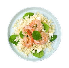 Plate of delicious couscous with shrimps and spinach isolated on white, top view