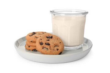 Delicious chocolate chip cookies and milk isolated on white