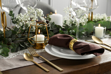 Stylish elegant table setting for festive dinner indoors