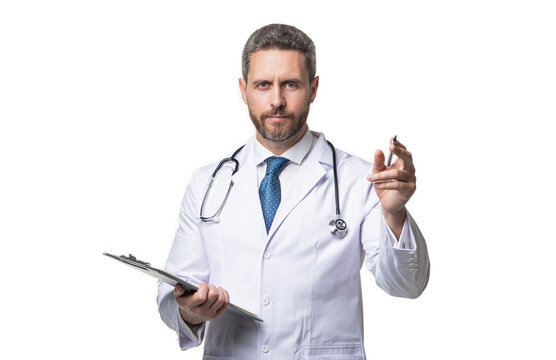 photo of internist noting anamnesis. internist with anamnesis isolated on white.