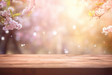 Naklejka na ściany i meble Spring background with empty wooden table. Natural template for product display with cherry blossoms bokeh and sunlight. generative ai. Wooden table in spring blooming cherry orchard with butterflies
