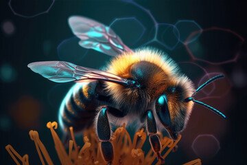 Detailed macro image of a bumblbee collecting nectar from a blossom generative ai. Bumblee on a flower