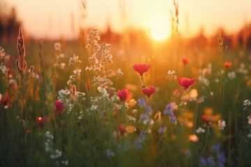 Wildflowers in sunset light. Blooming spring meadow. Field of summer flowers 
