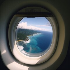 飛行機の窓からみた離島の景色