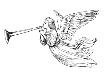 Angel playing the trumpet hand drawn sketch illustration - obrazy, fototapety, plakaty
