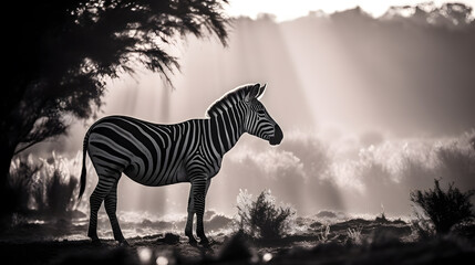 Fototapeta na wymiar シマウマの白黒写真 | Black and white photo of a zebra Generative AI