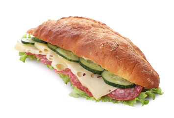 Delicious sandwich with cucumber, cheese, salami and lettuce leaves isolated on white