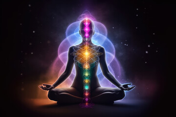 Concept of meditation and spiritual practice, expanding of consciousness, chakras and astral body activation, mystical inspiration image