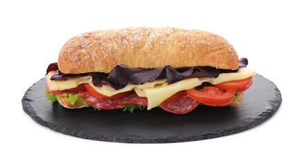 Delicious sandwich with cheese, salami, tomato isolated on white