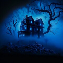 A gloomy house on a hill in a blue mist, a haunted house
