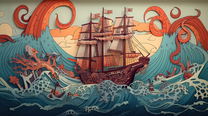 Pirate ship in the sea. Generative AI illustration. Vintage style.