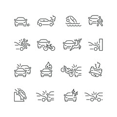 Vector line set of icons related with car accident. Contains monochrome icons like car, collision, crash, auto, accident and more. Simple outline sign.