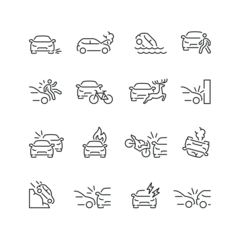 Fototapeten Vector line set of icons related with car accident. Contains monochrome icons like car, collision, crash, auto, accident and more. Simple outline sign. © Mykola