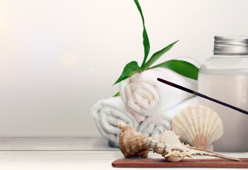 Cosmetic concept.Bath accessories on Bathroom desk