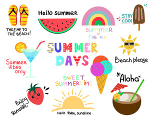 Vector illustration set of summer-themed colorful stickers. Stickers pack