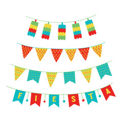 Flat hand drawn vector illustration of eco friendly home decorations such as garland, bunting and mini pinatas