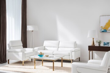 White living room design with mockup frame. Modern minimalistic interior background, 3d render with copy space generative ai