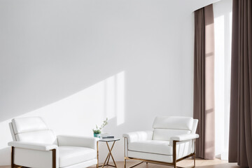 Fototapeta na wymiar White living room design with mockup frame. Modern minimalistic interior background, 3d render with copy space generative ai