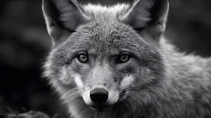 Fototapeta premium 狼の白黒写真| Black and white photo of a wolf Generative AI