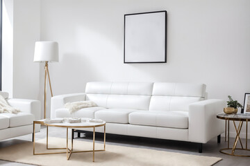 White living room design with mockup frame. Modern minimalistic interior background, 3d render with copy space generative ai