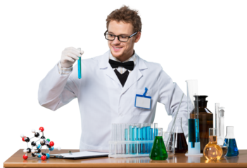 Scientist man with colored liquid in his laboratory