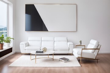 White living room design with mockup frame. Modern minimalistic interior background, 3d render with copy space generative ai