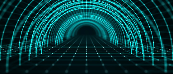 3d wireframe tunnel. Abstract background of lines and dots. Tunnel through space. Optical illusion. 3D rendering.