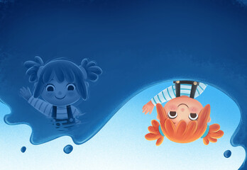 little girl greets her reflection in water illustrated cover for children's book