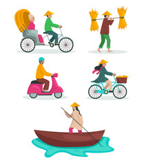 Vietnam. People of Vietnam. They ride bicycles, mopeds, boats, rickshaws, walks. Vector graphic.