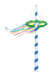 maypole with colorful ribbons isolated on white background