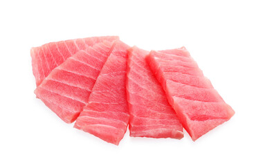 Tasty sashimi (pieces of fresh raw tuna) on white background