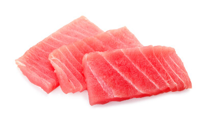 Tasty sashimi (pieces of fresh raw tuna) on white background
