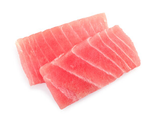Tasty sashimi (pieces of fresh raw tuna) on white background, top view
