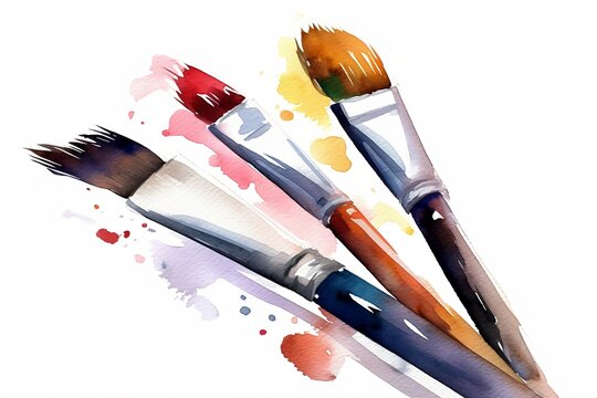Gemaltes Bild von drei benutzten Pinseln mit Farbe, Wasserfarbe, Aquarell, Generative AI