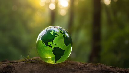Obraz na płótnie Canvas Green Globe with Continents on blurred Natural Background. Happy world earth day concept. Generative AI 