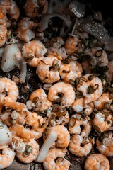 Close-up, vertical shot of a meal featuring cooked shrimps