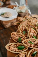 Stock photo is a vertical shot of assorted appetizers