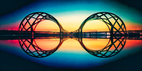 a mirror image of the bridge with shadows across the water, - obrazy, fototapety, plakaty