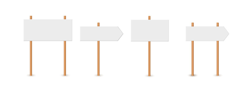 Picket sign, demonstration banners, public transparency, protest placard. Design blank boards with sticks, wooden holders template. Concept sign picket element
