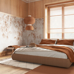 Farmhouse bedroom with wallpaper and wooden walls in orange and beige tones. Parquet floor, master bed, carpets and decors. Contemporary interior design