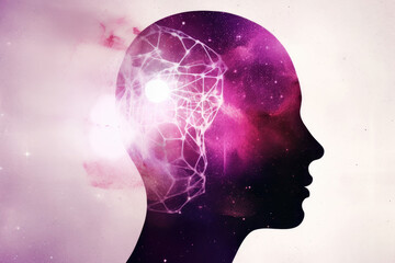 Double exposure of human head in profile view. Idea and conscious mind concept. Glowing particles with galaxy effect. Generative AI
