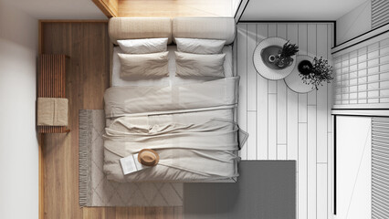 Obraz na płótnie Canvas Architect interior designer concept: hand-drawn draft unfinished project that becomes real, japandi bedroom with wooden walls. Japanese style. Top view, plan, above