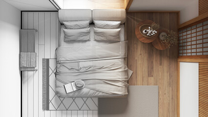 Obraz na płótnie Canvas Architect interior designer concept: hand-drawn draft unfinished project that becomes real, japandi bedroom with wooden walls. Japanese style. Top view, plan, above