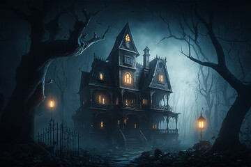 Old creepy haunted house at foggy night, Halloween composition, ai generated