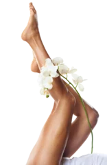 Selbstklebende Fototapeten Woman, beauty and orchid on legs for natural skincare isolated on transparent png background. Closeup, pedicure and flowers for eco plant cosmetics, aesthetic pedicure and laser hair removal results © Shubham/peopleimages.com