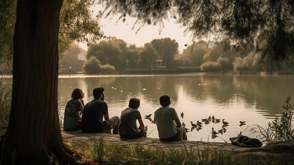 Fototapeta na wymiar Aamily of four sitting beside the lake watching the swarms in the lake in the morning at the park. Created using generative AI