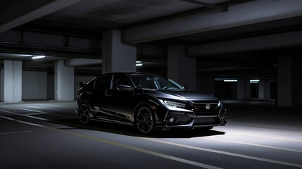 Fototapeta na wymiar Honda civic RS 1.5 turbo black color parking at a empty car park with studio lighting. Created using generative AI.