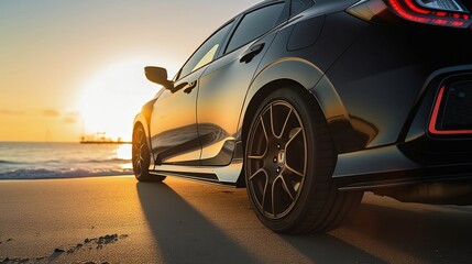 Fototapeta na wymiar Honda civic FE in black color chasing sunset at the beach during golden hour. Created using generative AI.