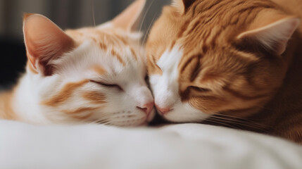 Fototapeta na wymiar two orange and white cats sleeping together on a bed. Generative Ai